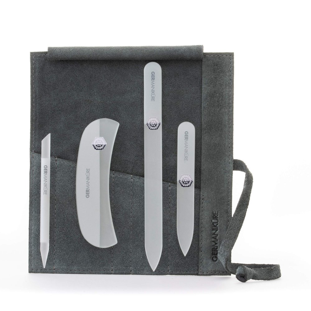 GERMANIKURE Gray Crystal Glass Nail File Set in Light Gray Suede Case Handmade in Czech Republic Professional Manicure & Pedicure Supplies Glass Cuticle Stick, Pusher, Moon File