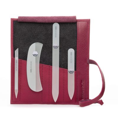 GERMANIKURE Gray Crystal Glass Nail File Set in Magenta Leather Case Handmade in Czech Republic Professional Manicure & Pedicure Supplies Glass Cuticle Stick, Pusher, Moon File