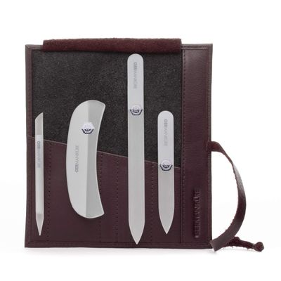 GERMANIKURE Gray Crystal Glass Nail File Set in Eggplant Purple Leather Case Handmade in Czech Republic Professional Manicure & Pedicure Supplies Glass Cuticle Stick, Pusher, Moon File