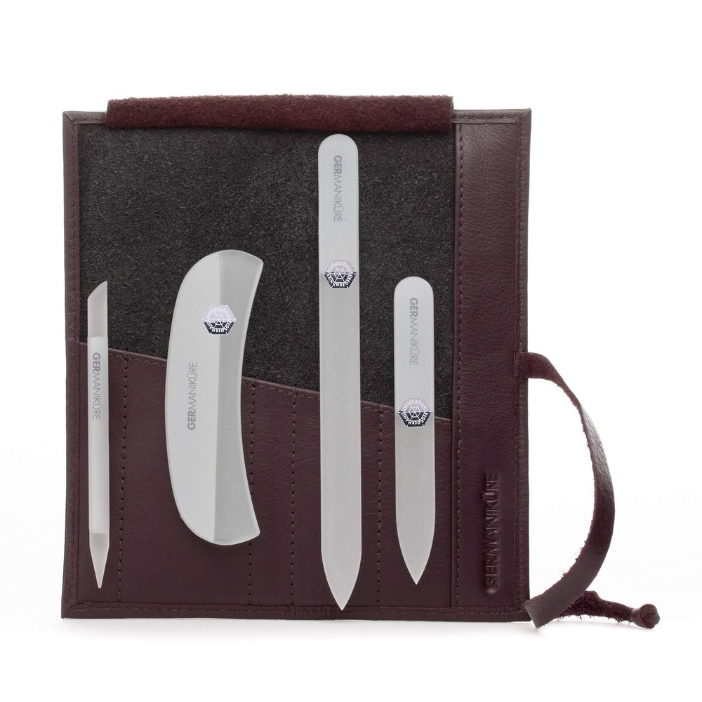 GERMANIKURE Gray Crystal Glass Nail File Set in Eggplant Purple Leather Case Handmade in Czech Republic Professional Manicure & Pedicure Supplies Glass Cuticle Stick, Pusher, Moon File