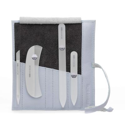 GERMANIKURE Gray Crystal Glass Nail File Set in Light Blue Leather Case Handmade in Czech Republic Professional Manicure & Pedicure Supplies Glass Cuticle Stick, Pusher, Moon File