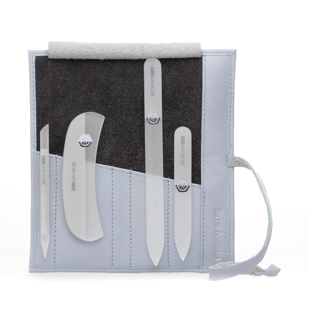 GERMANIKURE Gray Crystal Glass Nail File Set in Light Blue Leather Case  Handmade in Czech Republic  Professional Manicure & Pedicure Supplies  Glass Cuticle Stick, Pusher, Moon File