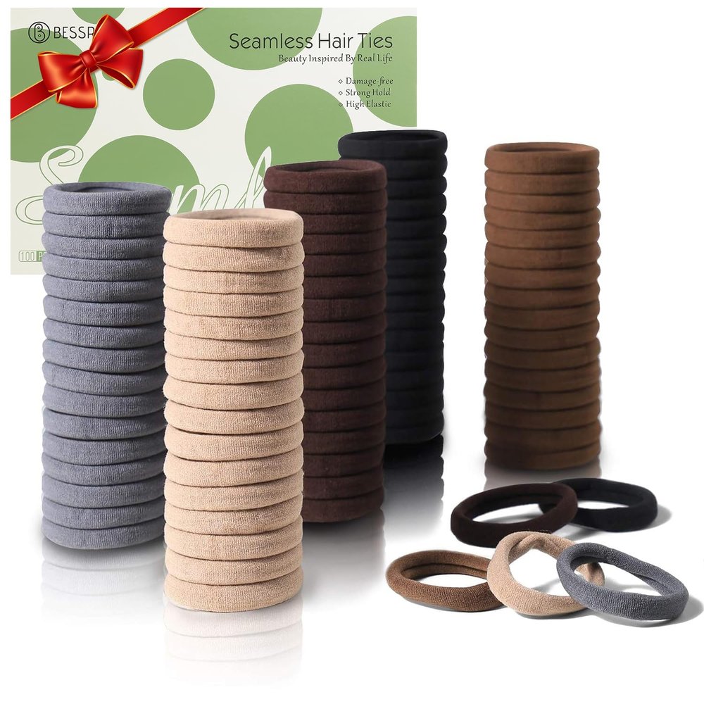 100 Pcs Thick Seamless Brown Hair Ties, Ponytail Holders Hair Accessories No Damage for Thick Hair Valentine's Day Gift(Natural Colors)