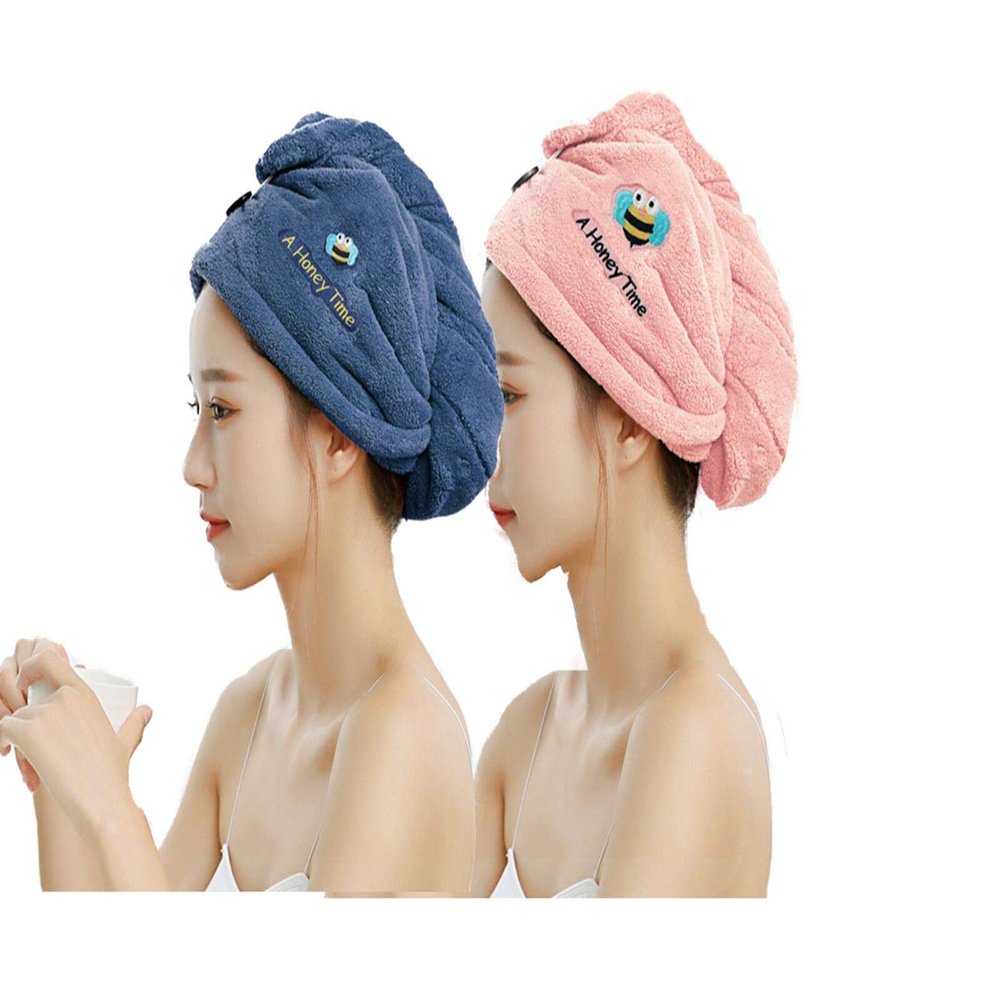 2Pack Thickened Coral Fleece Hair Drying Towel with Button Soft Quick Drying Lady Wrap Bath Towel for Women Hair Care Cap (Navy+Pink)