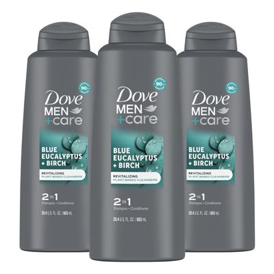 DOVE MEN + CARE 2 in 1 Shampoo Conditioner Eucalyptus + Birch 3 Count For Healthy-Looking Hair Naturally Derived Plant Based Cleansers 20.4 oz