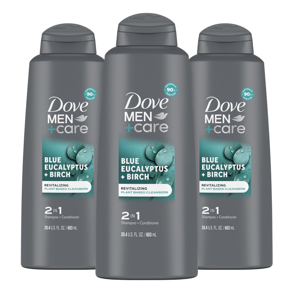 DOVE MEN + CARE 2 in 1 Shampoo Conditioner Eucalyptus + Birch 3 Count For Healthy-Looking Hair Naturally Derived Plant Based Cleansers 20.4 oz