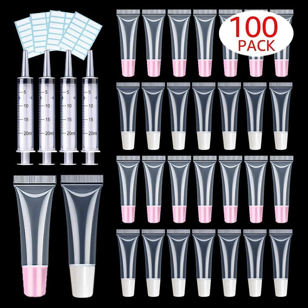100 PACK 10ml Lip Gloss Tubes with 50 x Pink Caps + 50 x White Caps