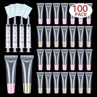 100 PACK 10ml Lip Gloss Tubes with 50 x Pink Caps + 50 x Gold Caps