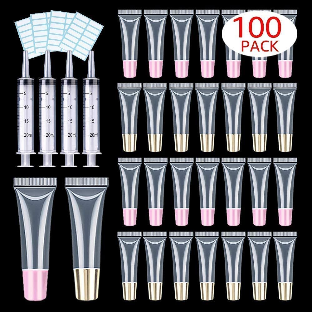 100 PACK 10ml Lip Gloss Tubes with 50 x Pink Caps + 50 x Gold Caps