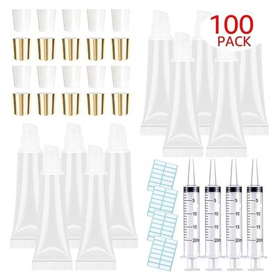 100 PACK 10ml Lip Gloss Tubes with 50 x White Caps + 50 x Gold Caps