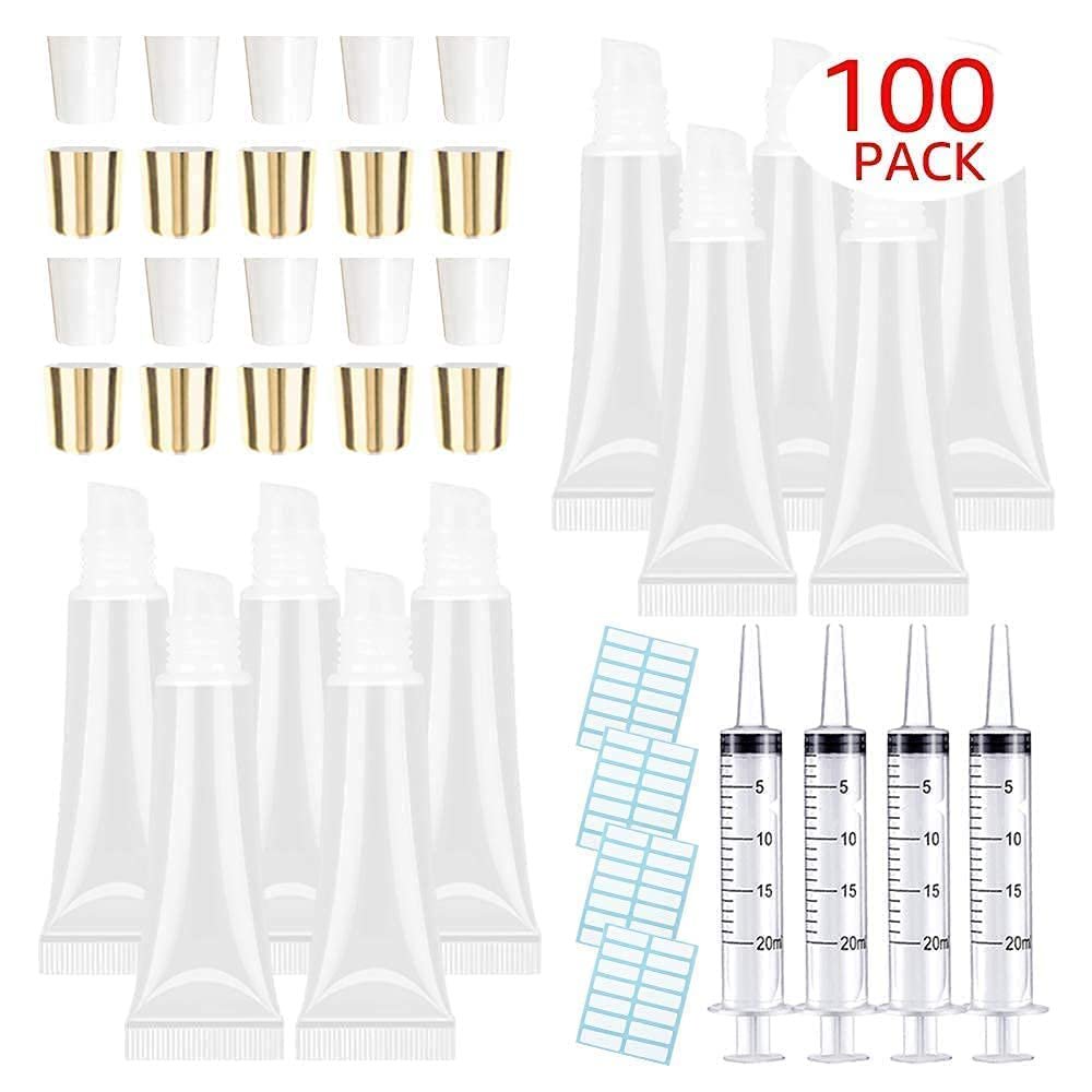 100 PACK 10ml Lip Gloss Tubes with 50 x White Caps + 50 x Gold Caps