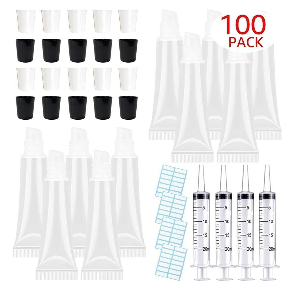 100 PACK 10ml Lip Gloss Tubes with 50 x Black Caps + 50 x White Caps