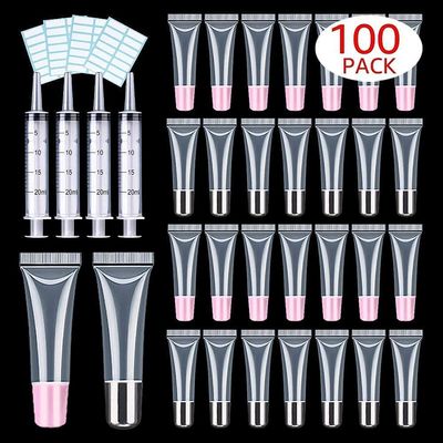 100 PACK 10ml Lip Gloss Tubes with 50 x Pink Caps + 50 x Silver Caps