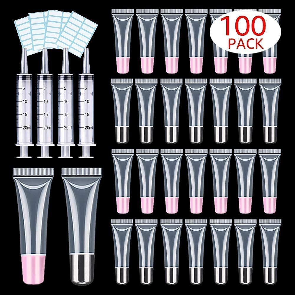 100 PACK 10ml Lip Gloss Tubes with 50 x Pink Caps + 50 x Silver Caps