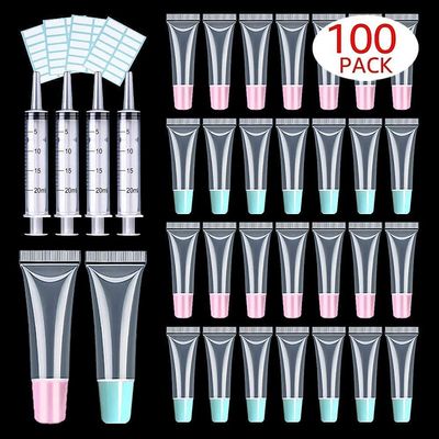 100 PACK 10ml Lip Gloss Tubes with 50 x Pink Caps + 50 x Blue Caps