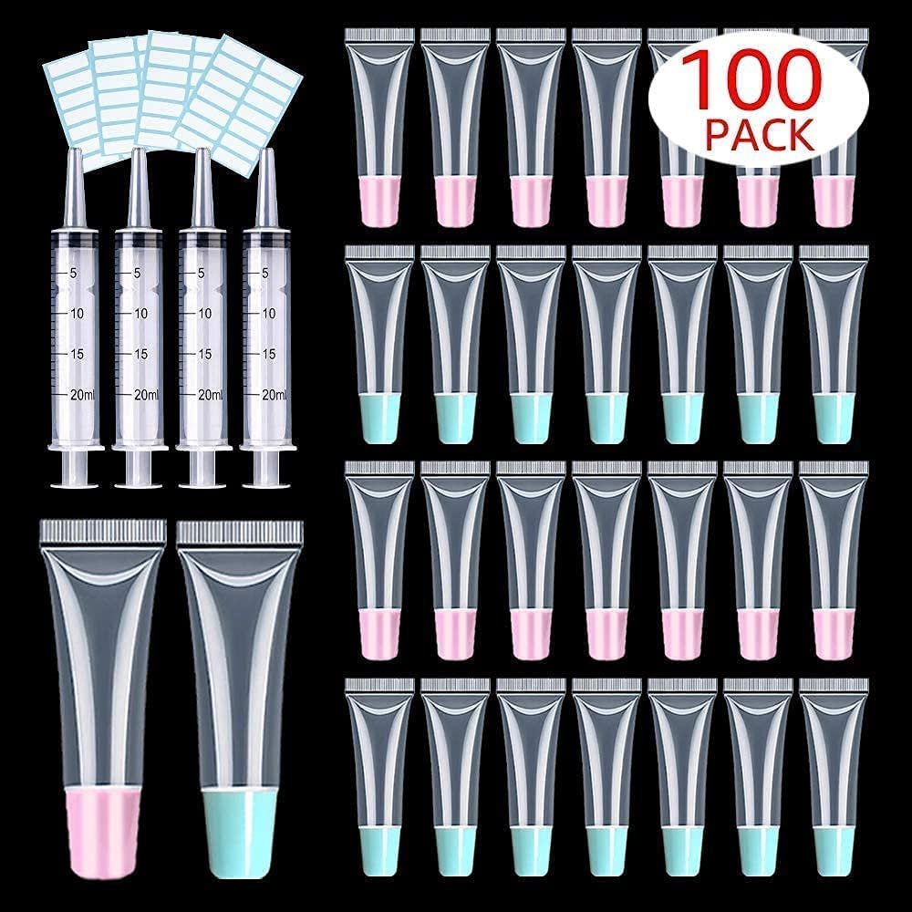 100 PACK 10ml Lip Gloss Tubes with 50 x Pink Caps + 50 x Blue Caps