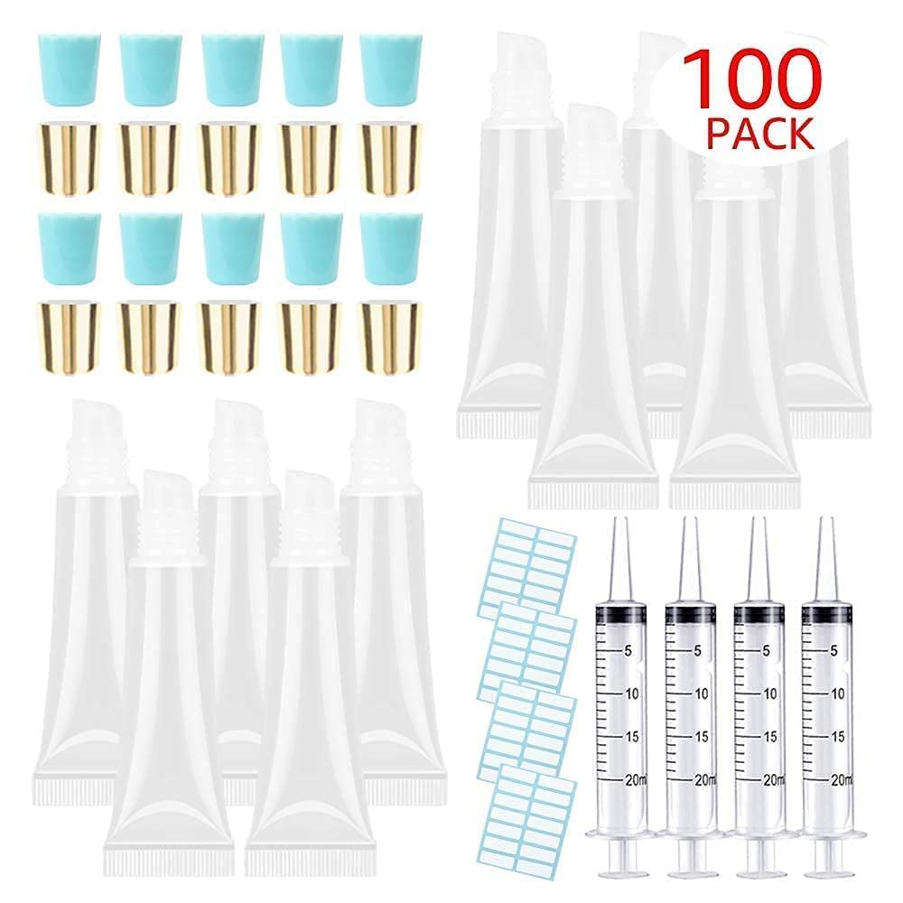 100 PACK 10ml Lip Gloss Tubes with 50 x Blue Caps + 50 x Gold Caps