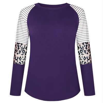 Andongnywell Women's Casual Color Block Tunic Tops Blouse Ladies Leopard Print Round Neck Long Sleeve T-Shirt (Dark Purple,XX-Large)