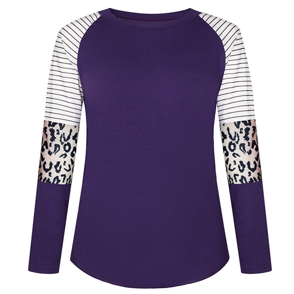 Andongnywell Women's Casual Color Block Tunic Tops Blouse Ladies Leopard Print Round Neck Long Sleeve T-Shirt (Dark Purple,XX-Large)