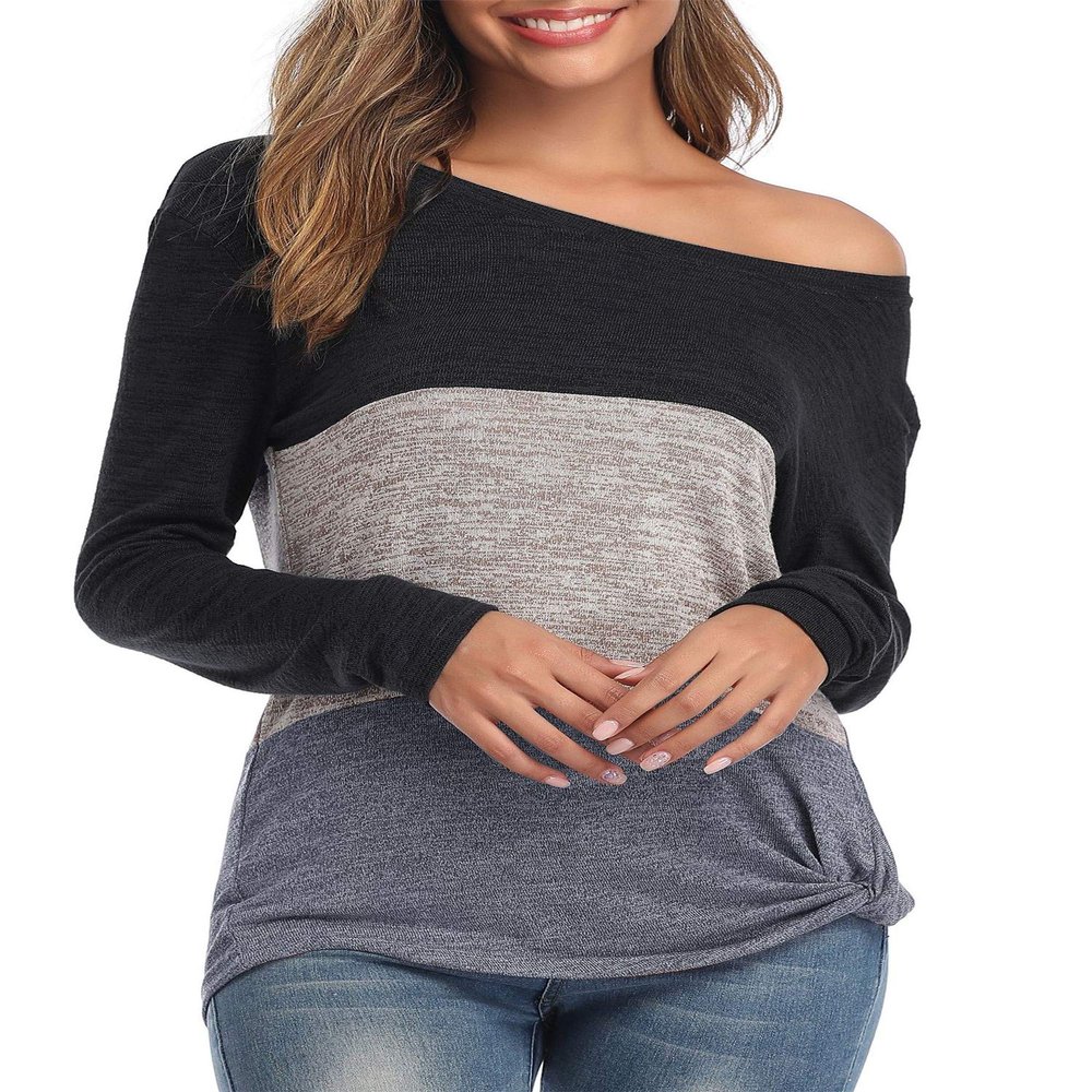 Andongnywell Women's Long-Sleeved one-Neck Loose Twist Casual T-Shirt Casual Soft Knot Side Twists Knit Blouse Top (Black 2,Small)