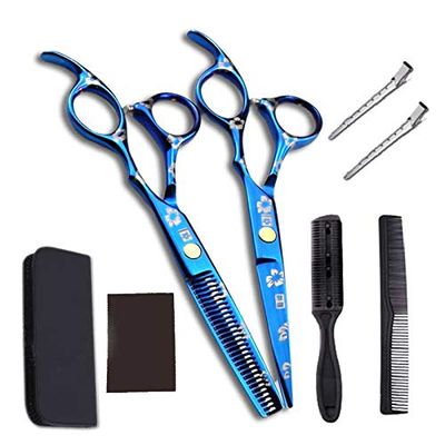 JIESENYU high-end Professional Hairdresser 6-inch Hairdressing Scissors 440C Steel Hair Salon Electroplating blue1 (6.0 Set1)