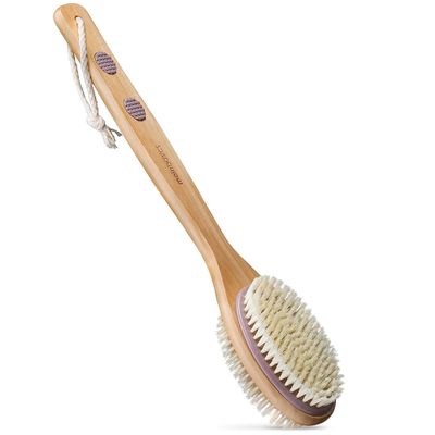 MainBasics Back Scrubber for Shower Long Handle Dual-Sided Brush for Body Wash & Scrubbing with Exfoliating & Soft Bristles (Lavender, Wood)