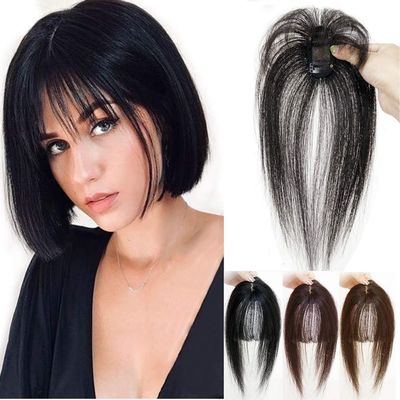 Real Human Hair 3D Air Bangs Lightweight Fake Bangs Naturally Clip in Hairpiece 4x8cm Women Seamless Hair Topper for Lossing Hair,Silk Base Hair Topper Hairpieces Clip in Bangs 8" Light Brown