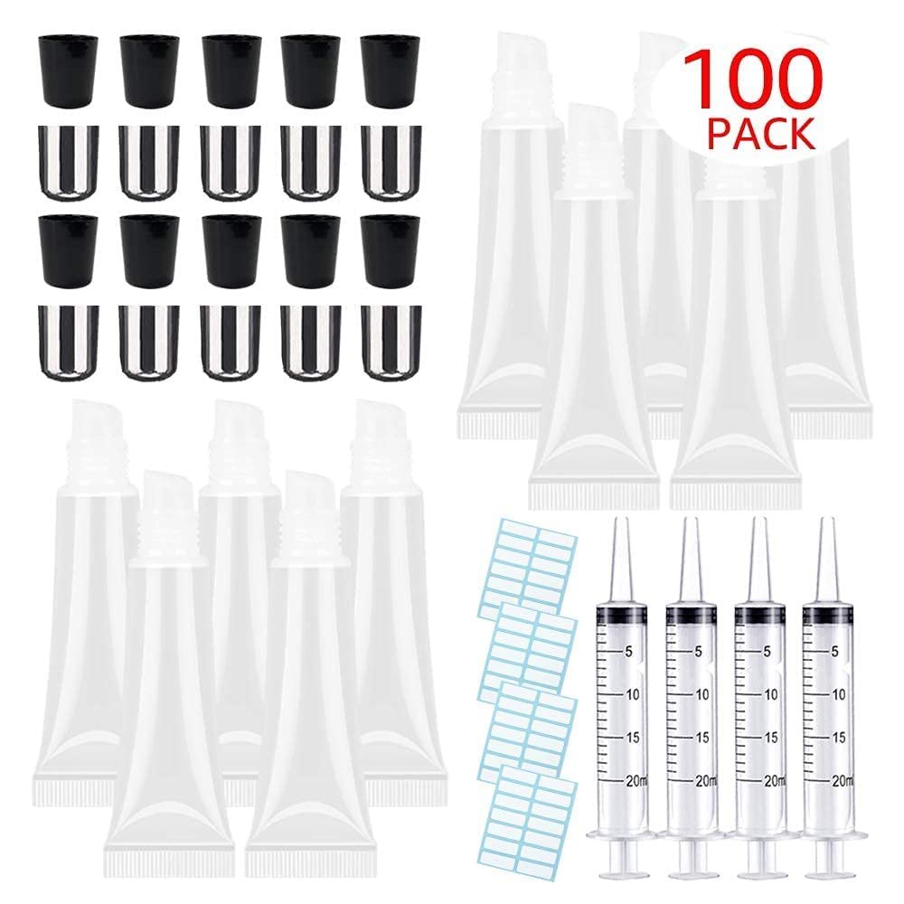 100 PACK 10ml Lip Gloss Tubes with 50 x Black Caps + 50 x Silver Caps