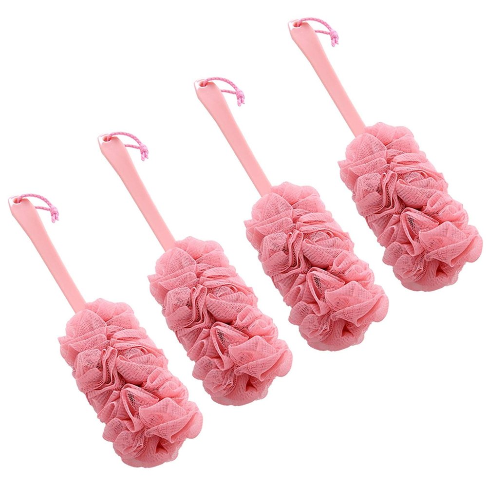 4 Pack Multiple Bath Body Brushes, Soft Nylon Mesh Back Cleaner with Long Handled Shower Brush for Wet, Exfoliating Luffa Bath Sponge for Women & Men Body (Pink4 Pack)