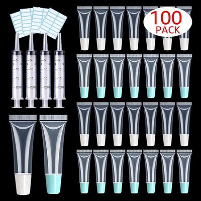 100 PACK 10ml Lip Gloss Tubes with 50 x White Caps + 50 x Blue Caps