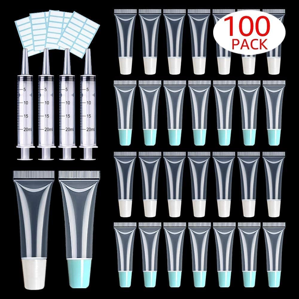 100 PACK 10ml Lip Gloss Tubes with 50 x White Caps + 50 x Blue Caps