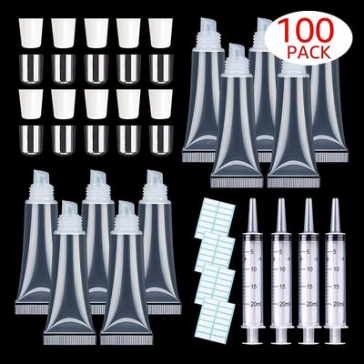 100 PACK 10ml Lip Gloss Tubes with 50 x Silver Caps + 50 x White Caps