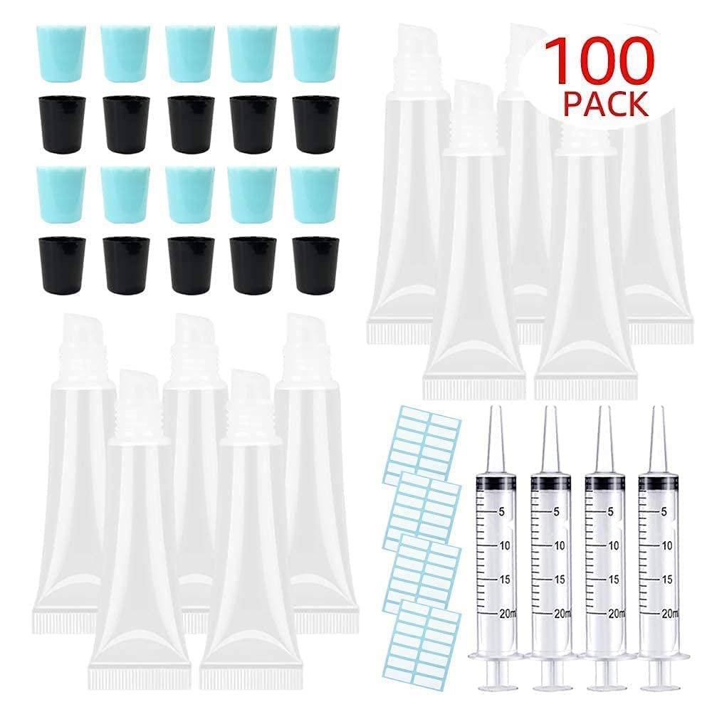 100 PACK 10ml Lip Gloss Tubes with 50 x Black Caps + 50 x Blue Caps