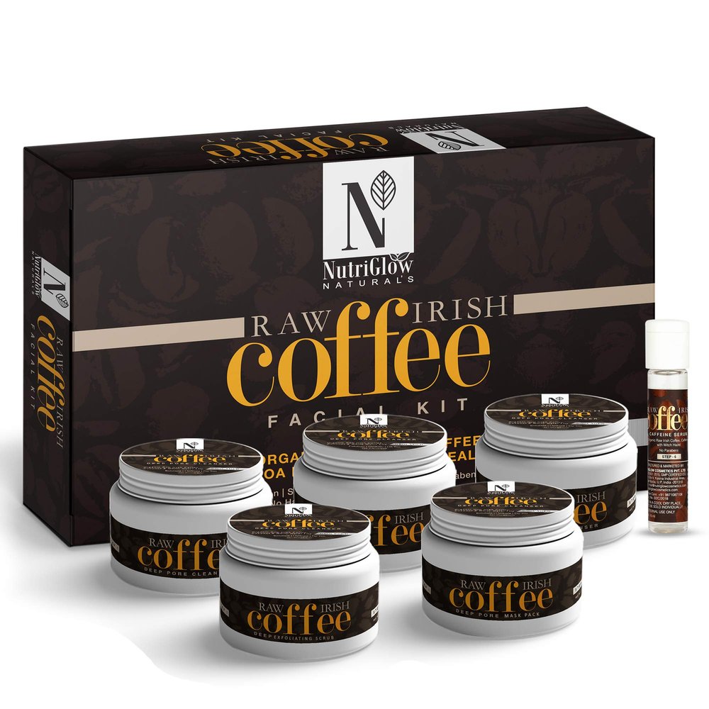 NutriGlow Natural's Raw Irish Coffee Facial Kit, Exfoliates Dead Skin Pore Cleanser Anti Tan & Acne Removal, Polished Younger-Looking Skin (8.8 Oz + 0.3 Fl Oz)