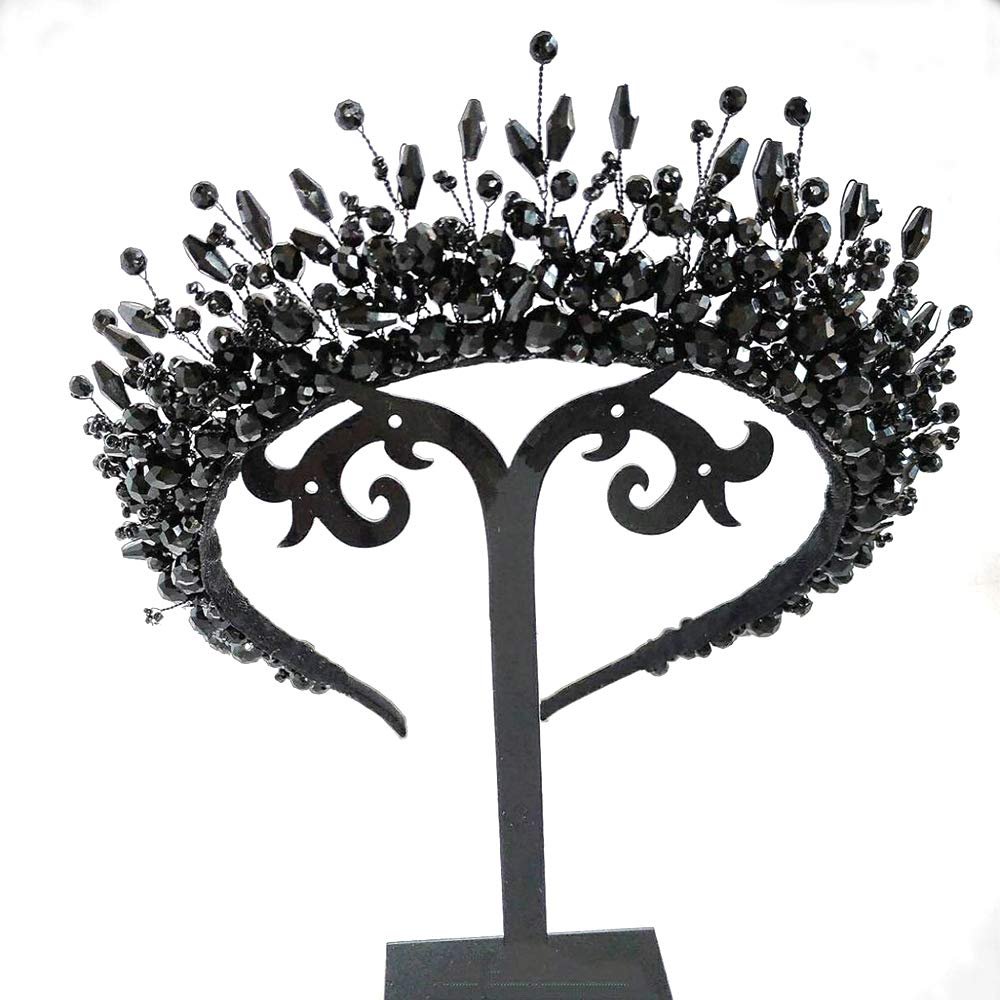 Aimimier Bridal Black Crystal Tiara Crown Handmade Baroque Headband Luxury Wide Hair Hoop Princess Prom Party Hair Jewelry for Women and Girls