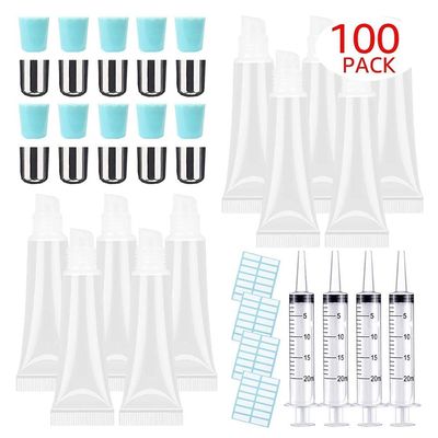100 PACK 10ml Lip Gloss Tubes with 50 x Silver Caps + 50 x Blue Caps