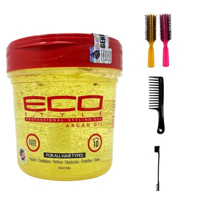 Eco Style Gold Olive Oil & Shea Butter & Black Castor Oil & Flaxseed 32oz (Including Double Sided Edge Control Hair Brush, Detangling Wide Tooth Comb & 2 pc Colorful Handle Nylon Bristles Brushes)