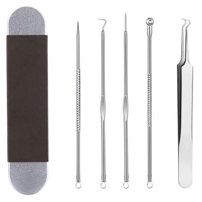 BesYouSel Professional Stainless Pimple Popper Tool Kit, Blackhead Removal Tool,Tweezers Pimple Extractor Acne Removal Tools with Metal Case for Blackheads, Forehead,Facial and Nose,Pack of 5 (Silver)