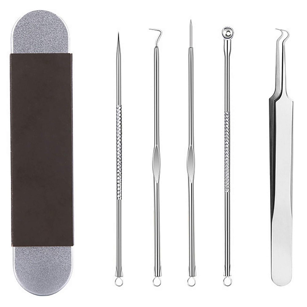 BesYouSel Professional Stainless Pimple Popper Tool Kit, Blackhead Removal Tool,Tweezers Pimple Extractor Acne Removal Tools with Metal Case for Blackheads, Forehead,Facial and Nose,Pack of 5 (Silver)