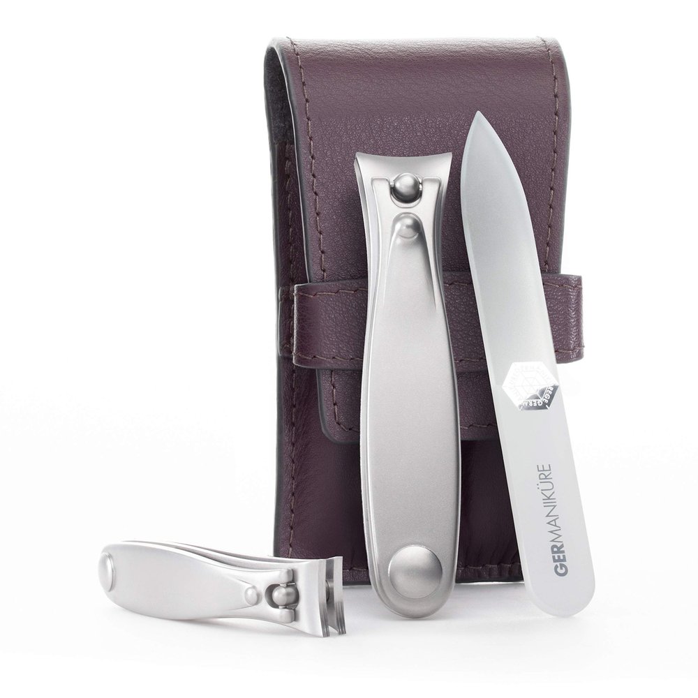 GERMANIKURE Nail Clippers and Glass Nail File Set in Dark Purple Leather Case - Made in Solingen Germany of FINOX Stainless Steel, Glass Nail Care Supplies Made in Czech Republic
