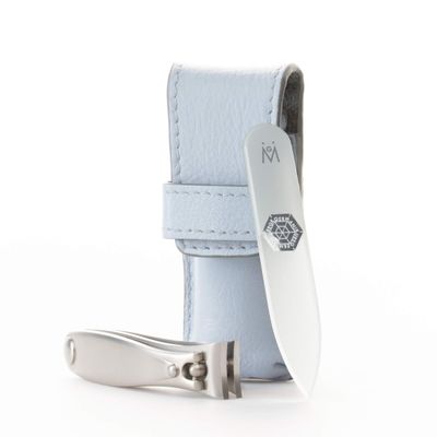 GERMANIKURE Nail Clipper and Glass Nail File Set in Light Blue Leather Case - Made in Solingen Germany of FINOX Stainless Steel, Glass Nail Care Supplies Made in Czech Republic