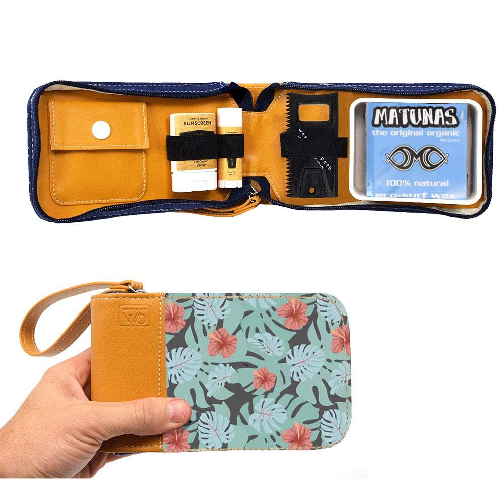 Surfer Gift & Surf Accessory with Stylish Zip Canvas Pouch, Surf Wax Holder, Elastic Loops for Sunscreen, Lip Balm & Wax Scraper - Items shown Included in Surf Kit (Tropical, Matunas)