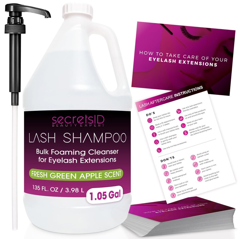 Professional Lash Shampoo for Extensions - 1.05 Gallon Bulk (3.98L) + 50 Aftercare Cards & Pump Salon-Grade Eyelash Cleanser, Oil-Free, Crisp Apple Scent, Made in North America Lash Wash Concentrate