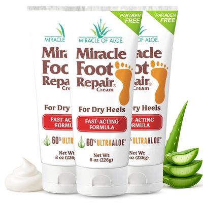 Miracle Foot Repair Cream (8 oz / 3-Pack) Repairs Dry Cracked Heels and Feet, 60% Pure UltraAloe Moisturizes, Softens, and Repairs