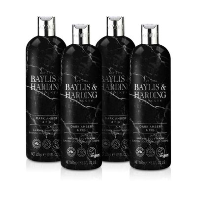 Baylis & Harding Liquid Body Wash Soap, Elements, Dark Amber & Fig, 16.9oz/500ml (4-Pack)