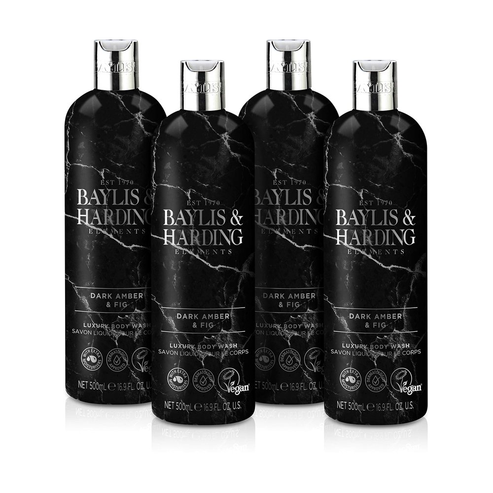 Baylis & Harding Liquid Body Wash Soap, Elements, Dark Amber & Fig, 16.9oz/500ml (4-Pack)