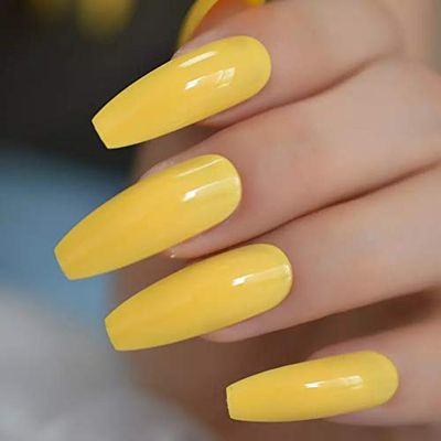 EDA LUXURY BEAUTY YELLOW GLAMOROUS DESIGN Full Cover Press On Gel Glitter Artificial Nail Tips Shiny Acrylic Extreme False Nails Extra Long Ballerina Ballet Coffin Square Super Fashion Fake Nails