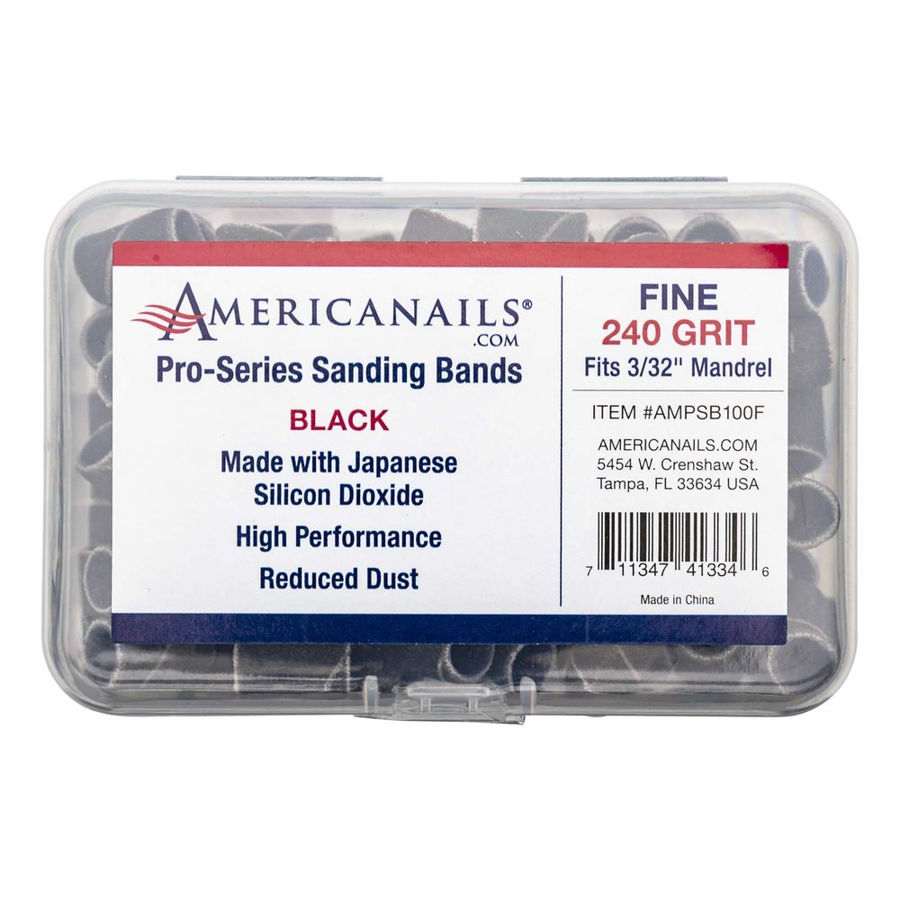 Americanails Pro-Series Black, Fine 240 Grit, Professional Sanding Bands for Acrylic Nail File Drill, E-File Sanding Drill Bit Piece Set, Nail Polishing and Filing Tools - 100 Count