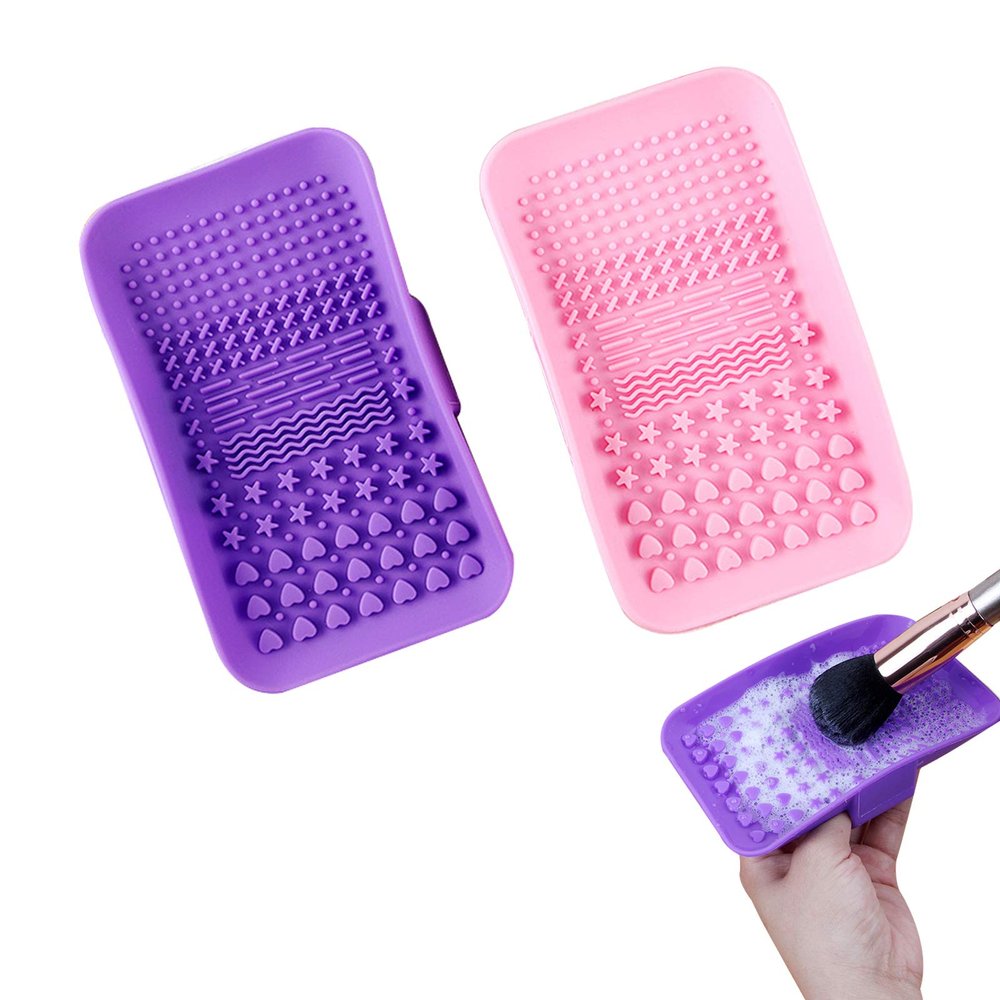 Angzhili 2 Pack Silicone Makeup Brush Cleaning Mat, Angzhili Makeup Brush Cleaner, Portable Makeup Brush Cleaner Pad, Cosmetic Brush Washing Tool(Pink+Purple)