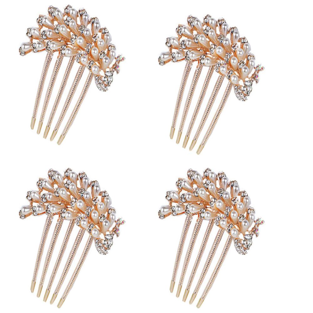 BesYouSel Hair Comb Bride Wedding Crystal Hair Pins Bride Hair Accessorie Hair Side Comb Clips Women Hair Side Comb Crystal Pearl Hair Pins Clips for Brides and Bridesmaids, Pack of 4